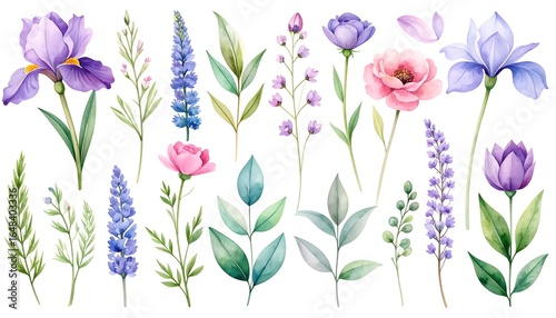 Fototapeta Naklejka Na Ścianę i Meble -  Collection of watercolor flowers and foliage