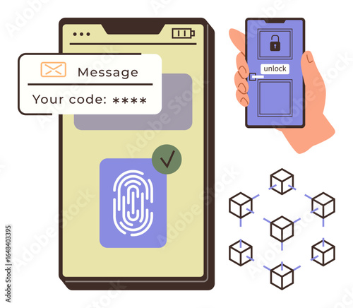 Smartphone screen showing biometrics authentication and OTP, hand holding phone with unlock padlock, interconnected blocks. Ideal for cybersecurity, authentication, blockchain, data encryption