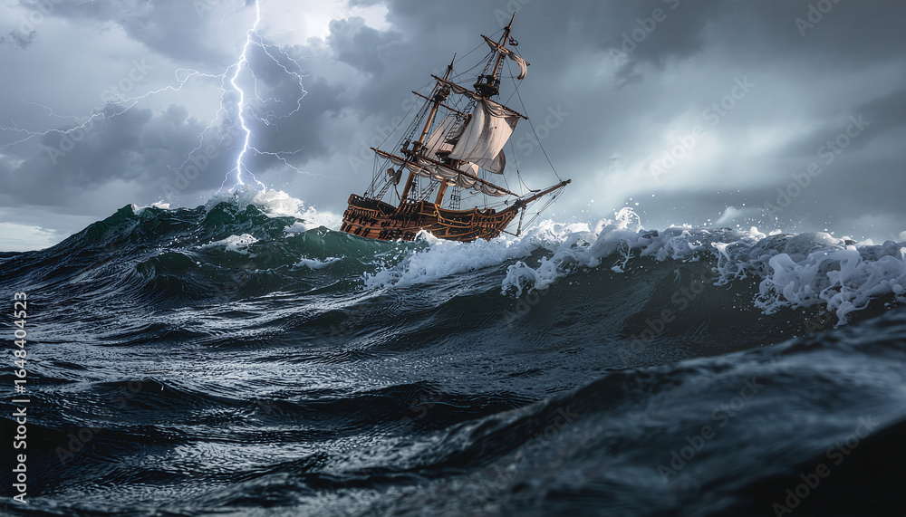 Obraz premium Vintage Sailing Ship Navigating Rough Seas During a Thunderstorm with Lightning Strike