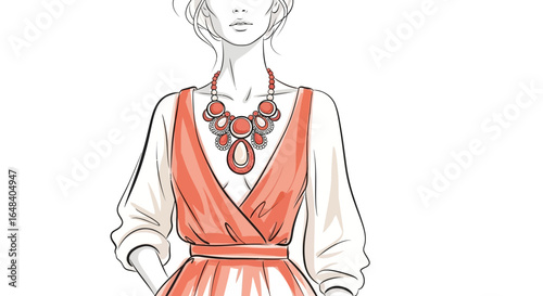 Elegant fashion illustration featuring a stylish woman in coral dress