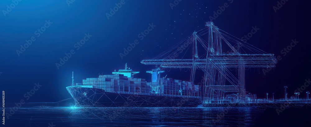 Fototapeta premium Trade port low poly wireframe banner template. Digital 3D cargo ship, container, crane and warehouse in dark blue. Container ships, transportation, logistics, business, worldwide shipping concept