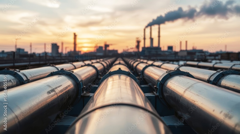 Industrial railway freight train transports crude oil cargo barrels from a large gas and oil refinery plant at night. Industrial railway freight train transports crude oil cargo barrels from a large gas and oil refinery plant at night.