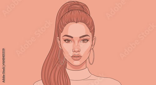 Elegant illustration of a young woman with a high ponytail and hoop earrings