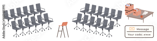 Leader chair confronting rows of office chairs, desk with file boxes, and secured message input field. Ideal for leadership, teamwork, decision-making, organization, communication, management