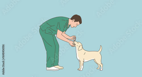 Dedicated Veterinarian in Green Scrubs Gently Administering Care to a Friendly Yellow Labrador Dog, Showcasing Compassionate Animal Health Practices for Pet Owners and Veterinary Professionals