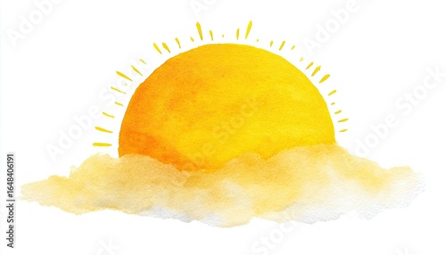 Watercolor sun rising above clouds
