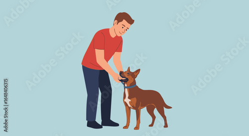 Happy Dog Owner Interacting with His Playful Brown Dog in a Cheerful Setting, Perfect for Pet Care Campaigns, Animal Welfare Promotions and Family-oriented Projects Promoting Joyful Pet Relationships