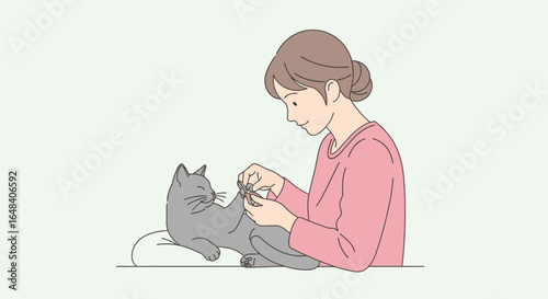 Tender Moment Between a Caring Pet Owner and a Beautiful Grey Cat While Grooming at Home: Heartfelt Animal Care and Bonding in a Comfortable, Serene Setting for Pet Lovers and Veterinary Professionals
