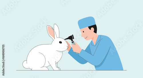 Veterinary Care for Pets: Dedicated Veterinarian Examining a Healthy White Rabbit with an Otoscope, Showcasing Compassionate Animal Care in a Calm, Clean Environment for Educational and Commercial Use