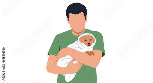 Warm and Cozy Bonding Moment: Young Man Gently Holding Adorable Puppy Wrapped in a Soft Blanket, Perfect Illustration for Pet Care, Animal Companionship, and Family Love Marketing Campaigns