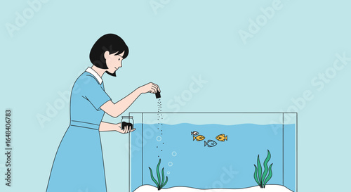 Woman in Blue Dress Caring for a Freshwater Aquarium, Adding Nutrients for Vibrant Fish and Lush Plants in a Bright and Playful Illustration Style Emphasizing Aquatic Life