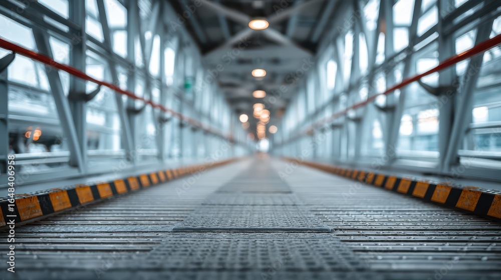 Fototapeta premium A well-lit perspective view of a modern walkway, featuring a textured floor and metal railings, leading toward an illuminated space.