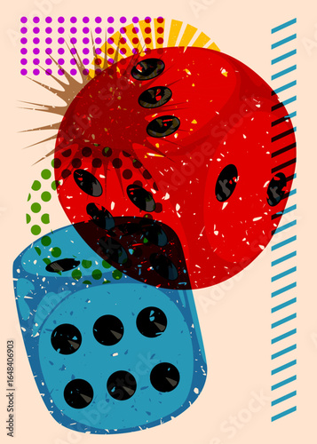 Risograph dice with geometric shapes. Objects in trendy riso graph print texture style design with geometry elements.