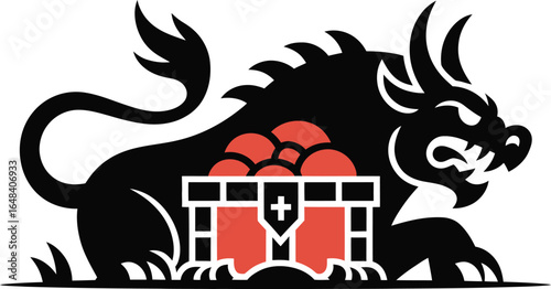 Black Dragon Guarding Treasure Chest monster mythical creature