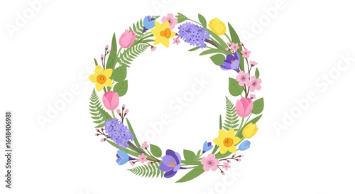 Delicate spring flower wreath isolated on white backdrop, floral circle decor