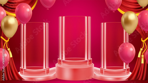 Luxurious Product Display Stage: Three transparent cylindrical podiums against a red curtain backdrop with pink and gold balloons, creating a stunning Perfect for events and product promotions