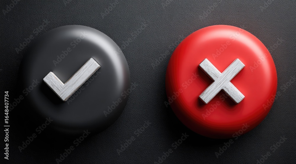 Fototapeta premium Black and red circles with check and X symbols