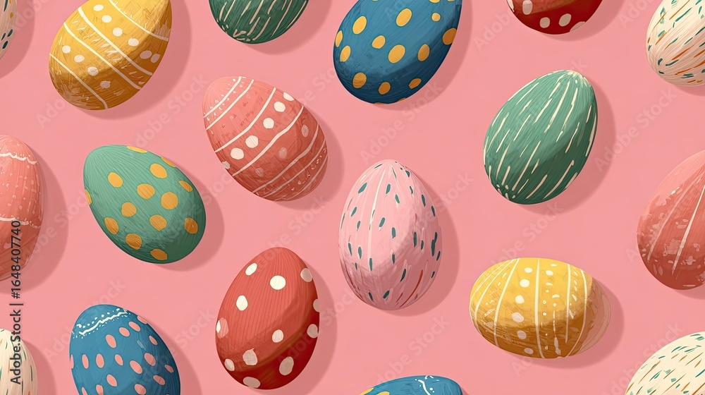 Fototapeta premium Pastel Easter eggs in various patterns on a soft pink background