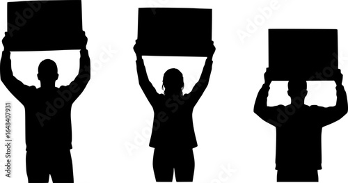 Three silhouetted figures holding signs aloft in a demonstration or protest against injustice now today | editable eps vectors