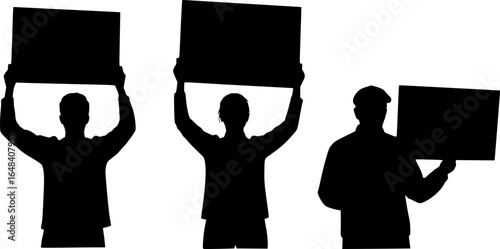 Three silhouetted figures holding signs aloft in a demonstration or protest against injustice now today | editable eps vectors