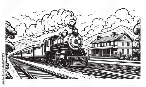 Vintage steam train arriving at a station with billowing smoke engine locomotive
