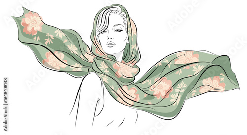 Elegant woman portrait with green floral silk scarf flowing in the wind