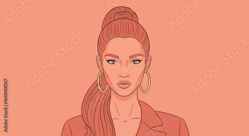 Elegant woman portrait with high ponytail and stylish hoop earrings