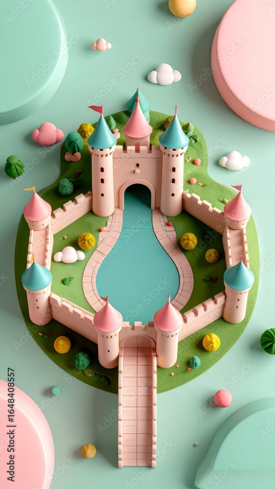 Naklejka premium Miniature pastel castle play area featuring a fanciful landscape design