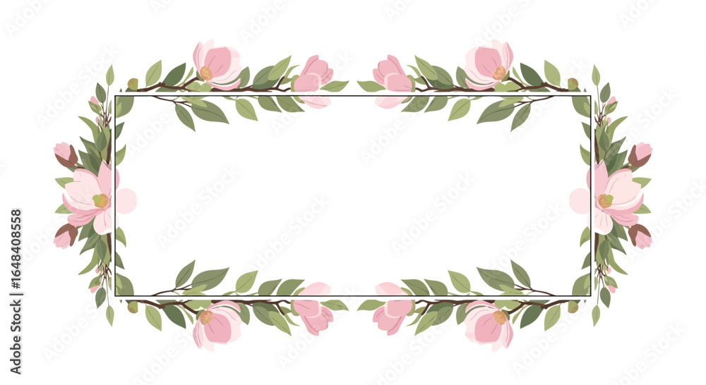 Fototapeta premium Elegant rectangle frame adorned with delicate pink magnolia blooms and verdant leaves