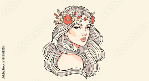 Elegant woman with floral crown portrait, refined linear art style design