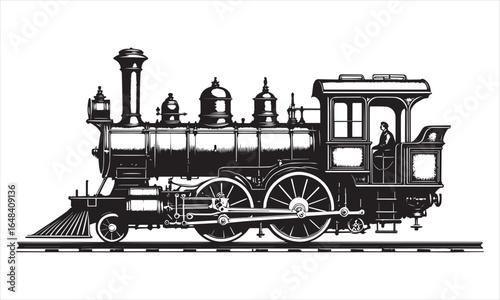 Vintage steam locomotive with engineer train transportation