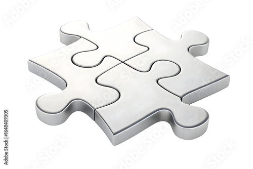 Four interconnected silver puzzle pieces on black jigsaw