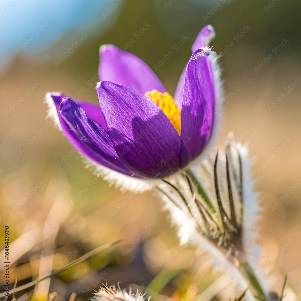 Fototapeta premium Close-up of a vibrant purple flower with soft, fuzzy textures, illuminated by sunlight