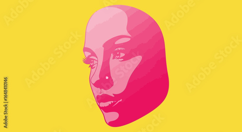 Graphic portrait of woman with elegant features in pink hues against yellow