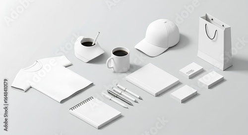 Blank corporate identity mockup set with white promotional items for branding presentation. Isometric view of t-shirt, cap, and stationery.