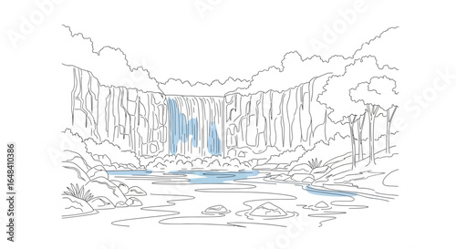 Hand-drawn waterfall scenery with surrounding trees and rocks illustration
