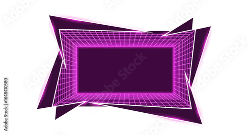 Retro inspired geometric portal with vibrant purple hues and wireframe style