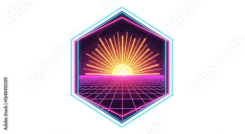 Retro neon horizon landscape with a rising sun, nostalgic vaporwave scene