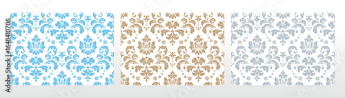 Wallpapers in the style of Baroque.. Set of colored floral ornaments. Seamless vector backgrounds Graphic patterns for fabric, wallpaper, packaging. Ornate Damask flower illustration