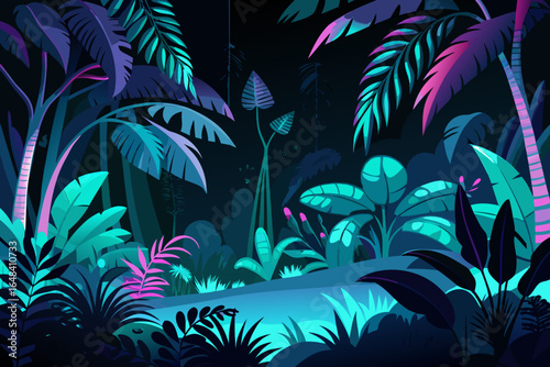 Vibrant tropical jungle scene with lush foliage in electric teal and magenta hues, evoking a mystical, dreamlike atmosphere perfect for exotic themes and digital art.