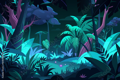 Mystical jungle scene unfolds with vibrant neon foliage and glowing flora, creating an enchanted nocturnal paradise brimming with exotic wonder and captivating beauty.