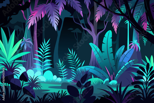 Enchanting jungle landscape bathed in mystical neon hues, a vibrant and alluring scene of lush foliage and towering trees creating a captivating and immersive natural wonder.