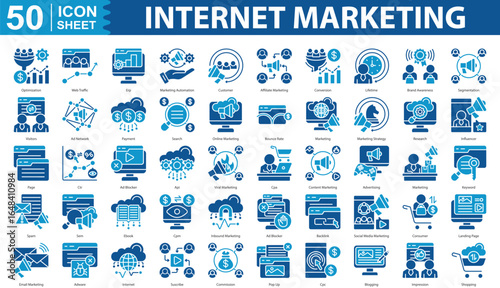 Internet Marketing Icon Set Collection Concept With Icon Of optimization, web traffic, erp, marketing automation, customer, affiliate marketing, conversion, lifetime