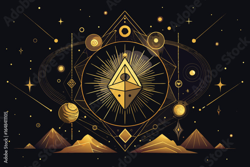 Mystical Golden Pyramid Eye of Providence Illuminating Cosmic Celestial Sky with Stars Planets and Mountains