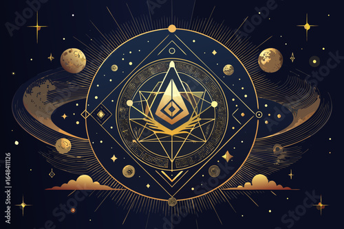 Discover celestial wonder with this stunning golden cosmic mandala featuring planets, stars, and intricate geometric patterns, perfect for mystical and astrological themes.
