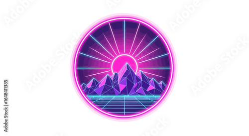Synthwave Mountainscape Inside a Circular Frame with Gridded Floor