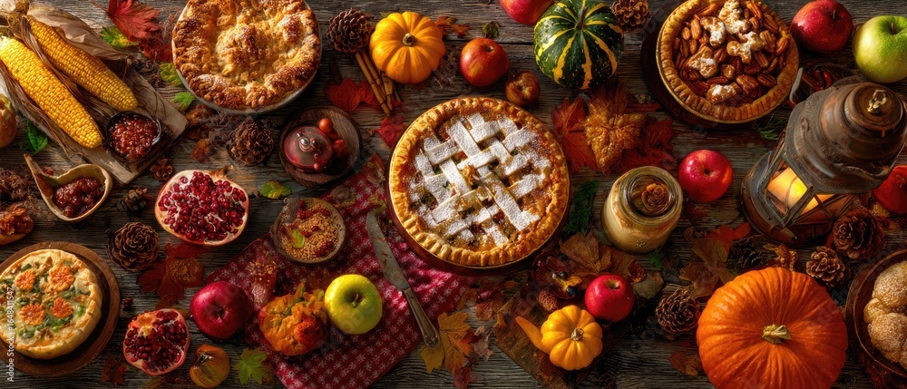 Fototapeta premium Autumnal feast of pies, fruits, and gourds on a rustic table