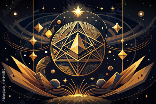 Mystical golden geometric celestial design with cosmic stars and crystalline structures evokes wonder and spiritual connection, perfect for visionary projects