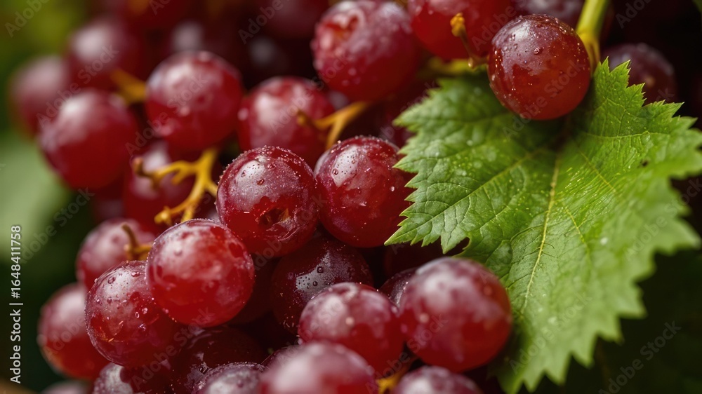 Fototapeta premium Fresh Red Grapes and Green Leaf Close-Up