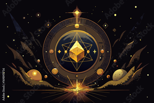 Discover cosmic wisdom with this stunning geometric mandala featuring a radiant golden octahedron, celestial stars, and mystical abstract elements evoking spirituality, alchemy, and celestial wonder.
